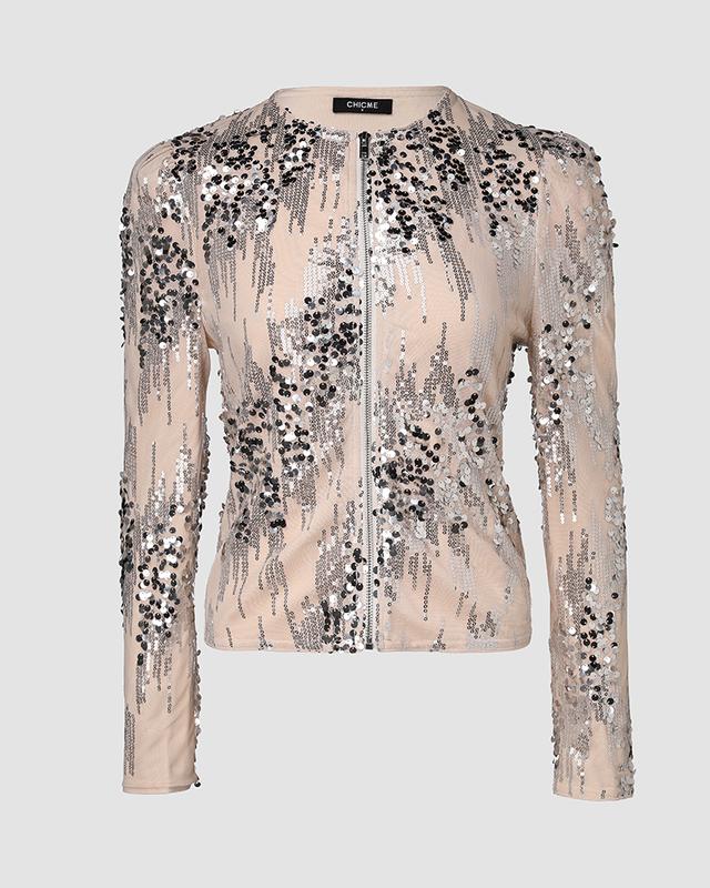 ChicMe Women's O-neck Zip-up Sequin Coat Long Sleeve Sparkly Casual Jacket tweed blazer bolero blazer