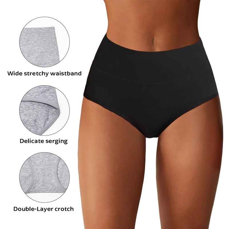 KatchMe Women's Cotton Solid Color High Waist Seamless Skin-Friendly Breathable Panties,5 Pack Double-Layer Stretch Panties,Multipack Cotton Underwear