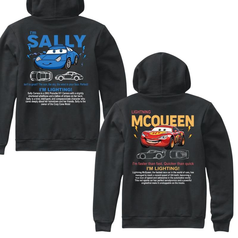 Couple's Matching Back Side Printed Hoodie Sweatshirt T-shirt, I'm McQueen Hoodie, I'm Sally Hoodie, Cartoon Car Graphic Hoodie, Fun Couple Apparel, Cute Matching Shirts, Casual Couple Wear