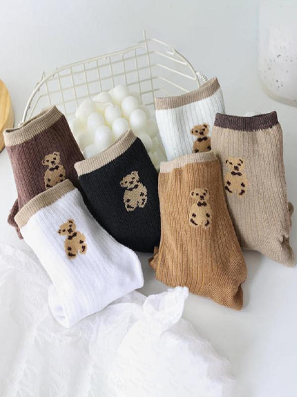 Women's 6 Pairs Cartoon Bear Print Contrast Binding Crew Socks, Cute Cozy Breathable Mid-calf Socks for Daily Wear, Women Socks for All Seasons