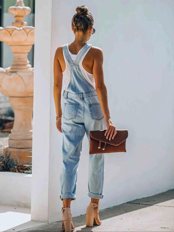  Solid Color Ripped Pocket Denim Overalls, Casual Fashionable Adjustable Strape Overalls Jumpsuit for Daily Wear, Women's Clothing for Summer