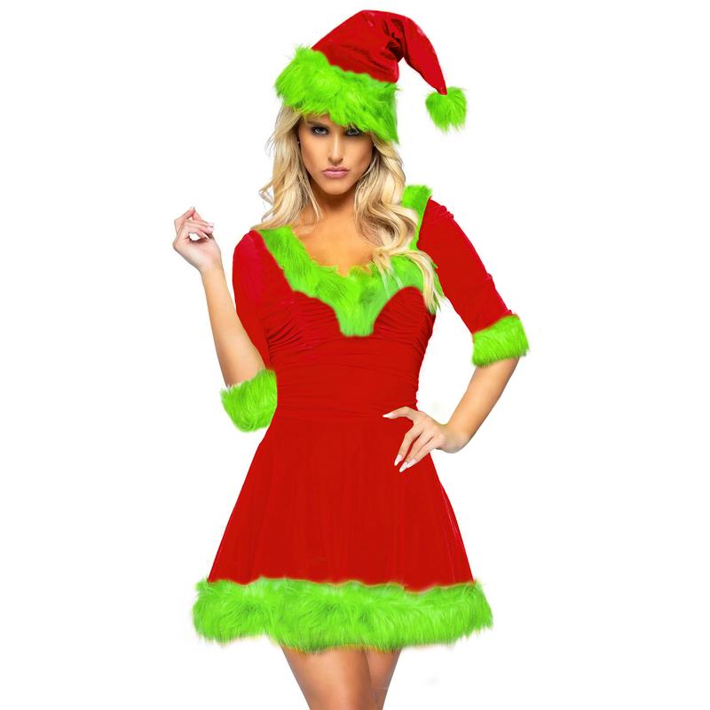 Christmas Santa Dress for Women, Plush Patchwork Half Sleeve V-Neck Classic Green Monster Costume Womenswear Accessories Clothing Outdoor