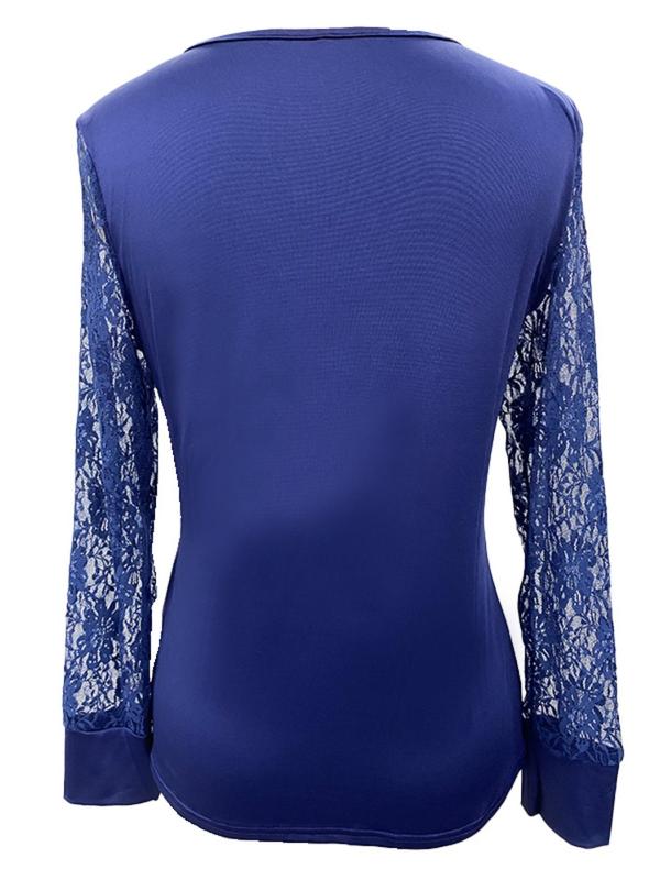 Women's Solid Contrast Lace V Neck Blouse, Fashion Casual Long Sleeve Top for Daily Wear, Fall Women T-shirt 2024, Women Clothing for Spring Fall, Vintage 90s Tops