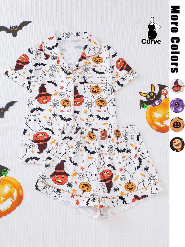  Two-Piece Set Pocket Shirt & Elastic Waist Shorts Pyjama Set Casual Halloween Pumpkin & Skull Print Short Sleeve Button Top & Shorts PJ Set, Halloween Pajamas, Christmas Pajamas, Women's 2024 Sleepwear for Costume Spirit Halloween 2024