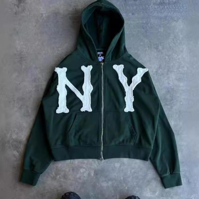 New York Unisex Letter Embroidery Trendy Hoodies Zip Up Casual Overlook Colorful Y2K Hip Hop Streetwear Harajuku Jacket