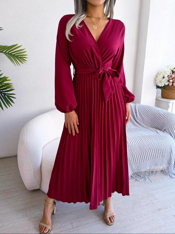 Women's Plain Wrap V Neck Belted Pleated Dress, Casual Bishop Sleeve A Line Long Dress for Beach Holiday Vacation, Ladies Clothes for All Seasons