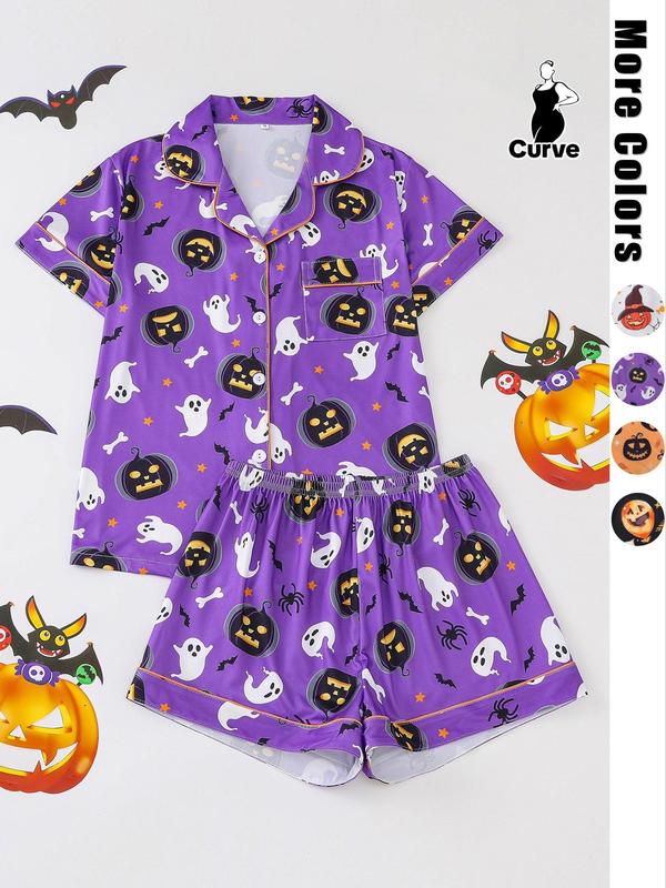  Two-Piece Set Pocket Shirt & Elastic Waist Shorts Pyjama Set Casual Halloween Pumpkin & Skull Print Short Sleeve Button Top & Shorts PJ Set, Halloween Pajamas, Christmas Pajamas, Women's 2024 Sleepwear for Costume Spirit Halloween 2024