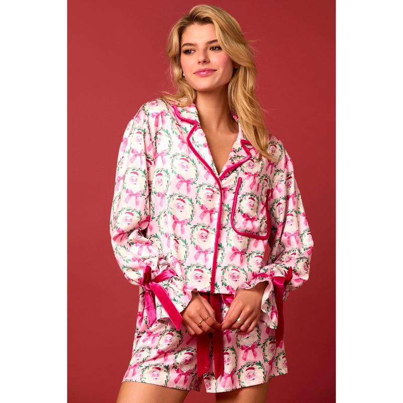 Women 2 Piece Christmas Pajamas Set Bow Tie Long Sleeve Shirt Ruffle Shorts Colorful Santa Print Pjs Sets Loungewear Pajama Set