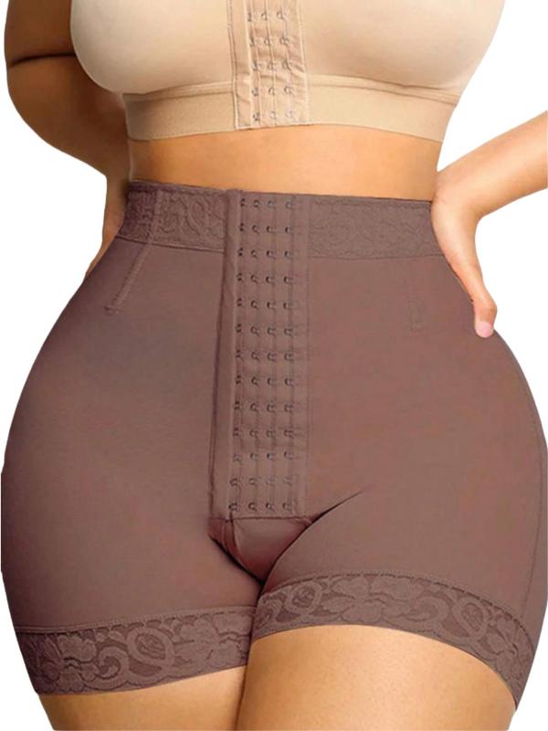 Women's High Waist Contrast Lace Hook & Eye Front Shapewear Shorts, Tummy Control Butt Lifting Shaper, High Stretch Shapewear Bottoms for Daily Wear