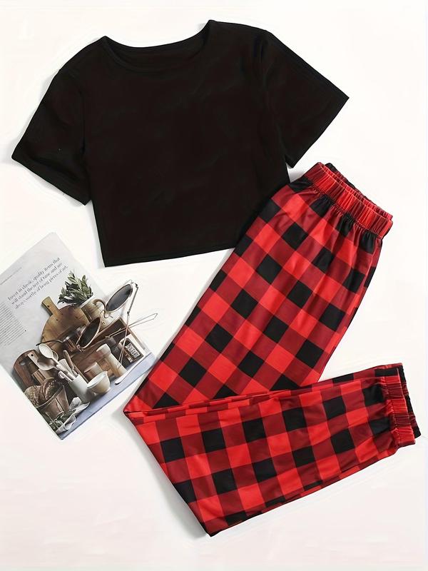 Women's Solid Tee & Plaid Print Pants Set, Casual Short Sleeve Round Neck T-shirt & Elastic Waist Trousers for Daily Wear, Ladies Two Piece Outfits for All Seasons