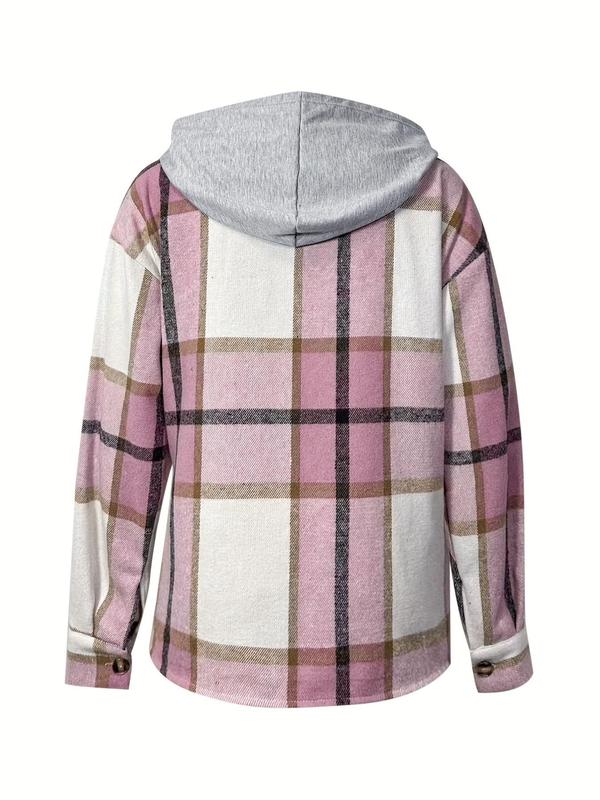 Women's Plaid Print Button Front Hooded Coat, Casual Drawstring Pocket Outerwear For Fall & Winter, Ladies Clothes For Daily Wear