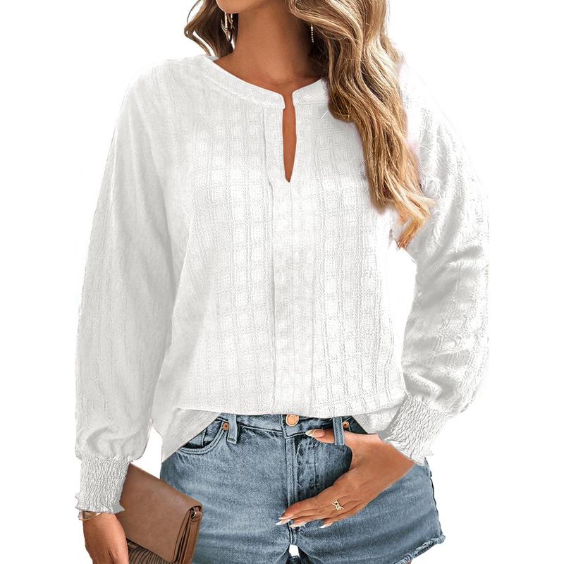 Dokotoo Long Sleeve Shirts for Women Casual Fall V Neck Tops Loose Solid Color Textured Tees Blouses