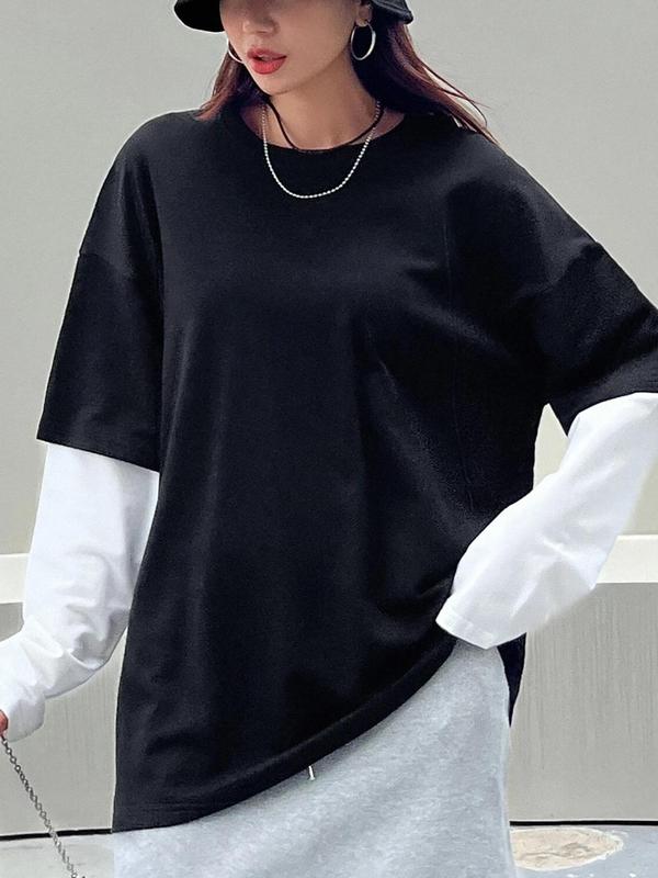 Women's 2-IN-1 Colorblock Drop Shoulder Crew Neck Tee, Back To School Outfits, Casual Long Sleeve Round Neck T-Shirt for Spring & Fall, Women's Top for Daily Wear, Fall Outfits, Fallfreshness