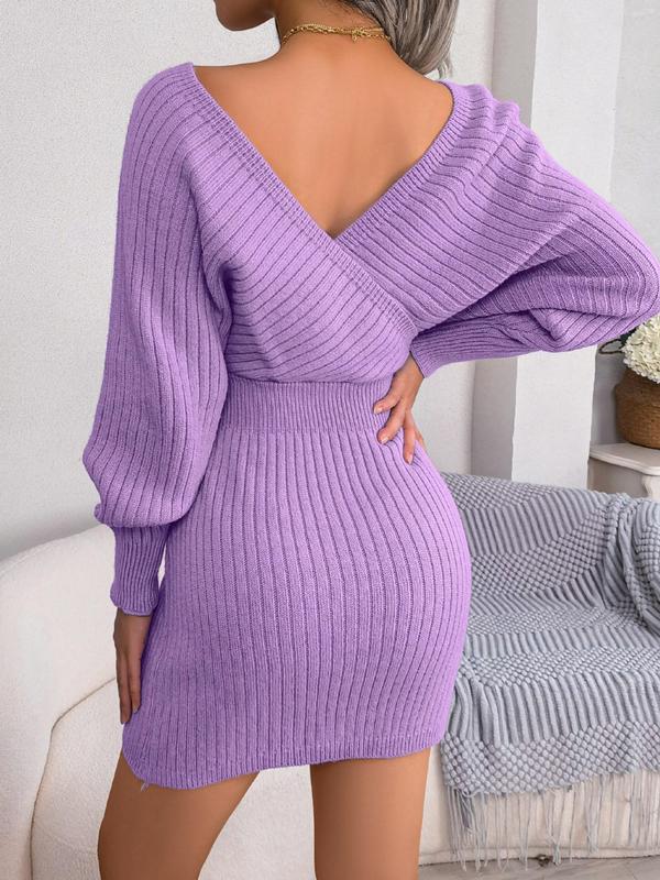 Women's Solid Color Basic Chic Plain Wrapped V Neck Leg-of-mutton Sleevesweater Dress, Comfort Casual Bodycon Fit Lady Minimalist Slim-fit Long Sleeve Bodycon Jumper Dress, Womenswear for Casual Wear