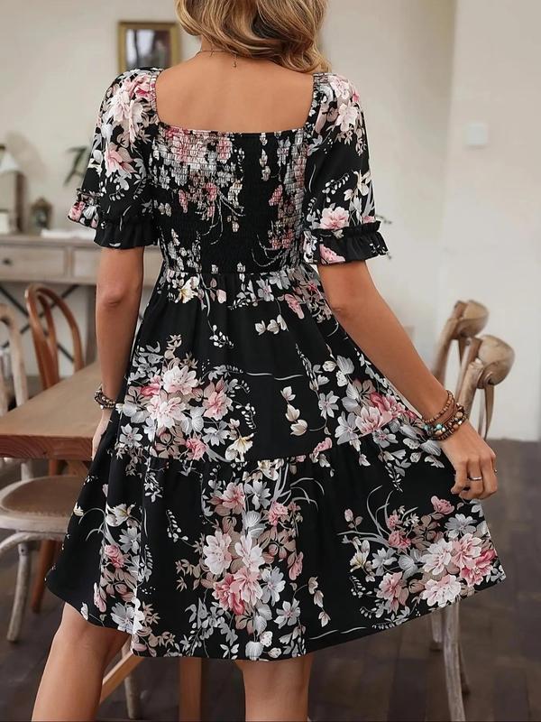 Women's Floral Print Ruffle Hem Shirred Vintage A Line Dress, Boho Romantic Flounce Sleeve Square Neck Short Dress for Beach Vacation Holiday, Frenchy Style Ladies Summer Clothes