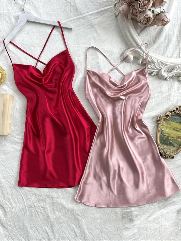 Women's Solid Criss Cross Backless Satin Cami Nightdress, Elegant Adjustable Spaghetti Strap Cowl Neck Nightgown, Ladies Sleepwear for All Seasons