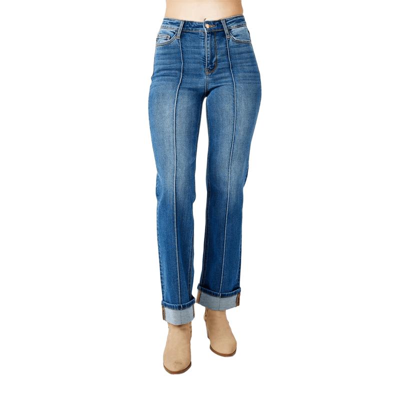 JUDY BLUE HI WAIST FRONT SEAM DETAIL & CUFFED STRAIGHT LEG JEANS