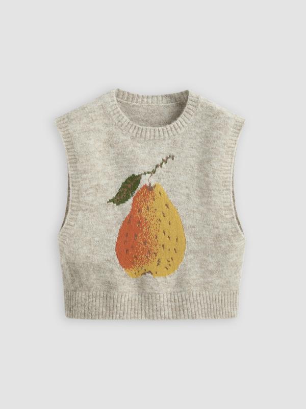 Knit Wool-blend Round Neckline Pear Graphic Vest