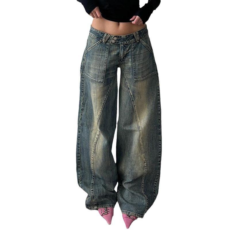 Women Vintage Denim Washed Jeans Pockets Low-Rise Baggy Full Length Pull-On Trousers, Ladies Clothes for Daily Wear Cotton Womenswear