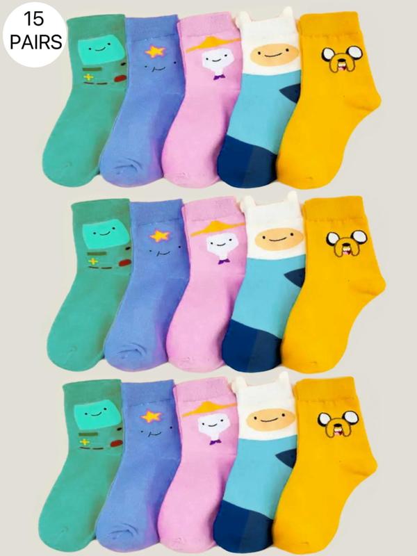 Women's Cartoon Adventure Time Print Mid-calf Socks, 10 Pairs Cute Comfortable Breathable Socks for Daily Wear, Women's Socks for All Seasons