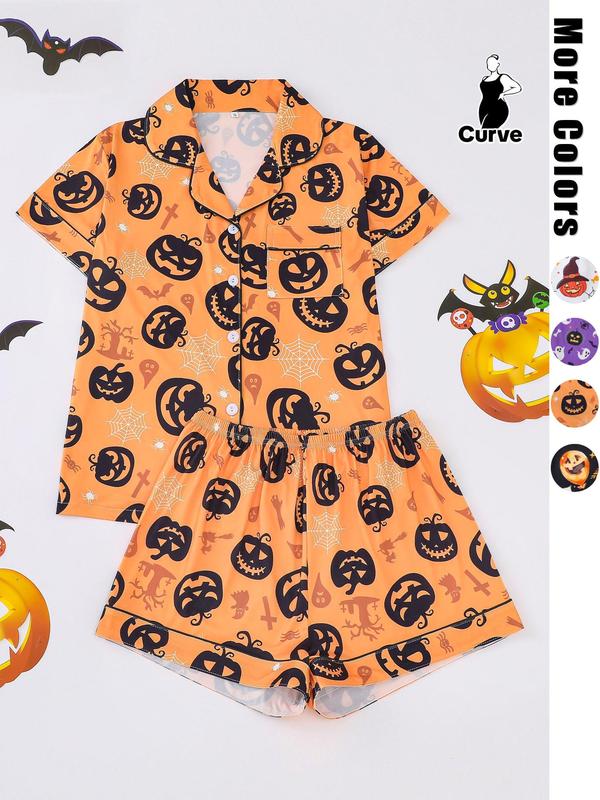  Two-Piece Set Pocket Shirt & Elastic Waist Shorts Pyjama Set Casual Halloween Pumpkin & Skull Print Short Sleeve Button Top & Shorts PJ Set, Halloween Pajamas, Christmas Pajamas, Women's 2024 Sleepwear for Costume Spirit Halloween 2024