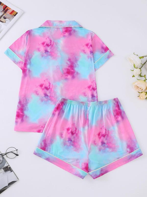 Women's Tie Dye Print Lapel Shirt & Elastic Waist Shorts Pyjama Set, Casual Button Front Short Sleeve Top & Shorts, Ladies Summer Sleepwear