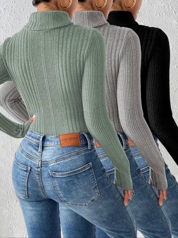 Women's Solid Ribbed Knit Longsleeves Bodysuit for Spring, Longsleeves Bodysuits for Women, Casual Long Sleeve High Neck Bodysuit for Lady, Long Sleeve Bodysuit, Basic Women's Clothing for Daily Wear, Comfort Minimalist Womenswear