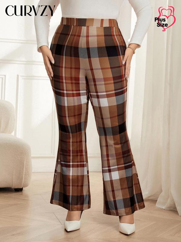 CURVZY Plus Size Plaid Print Flare Leg Pants, Casual Comfy Bell Bottom Trousers for Daily Wear, Women's Bottoms for Spring & Fall