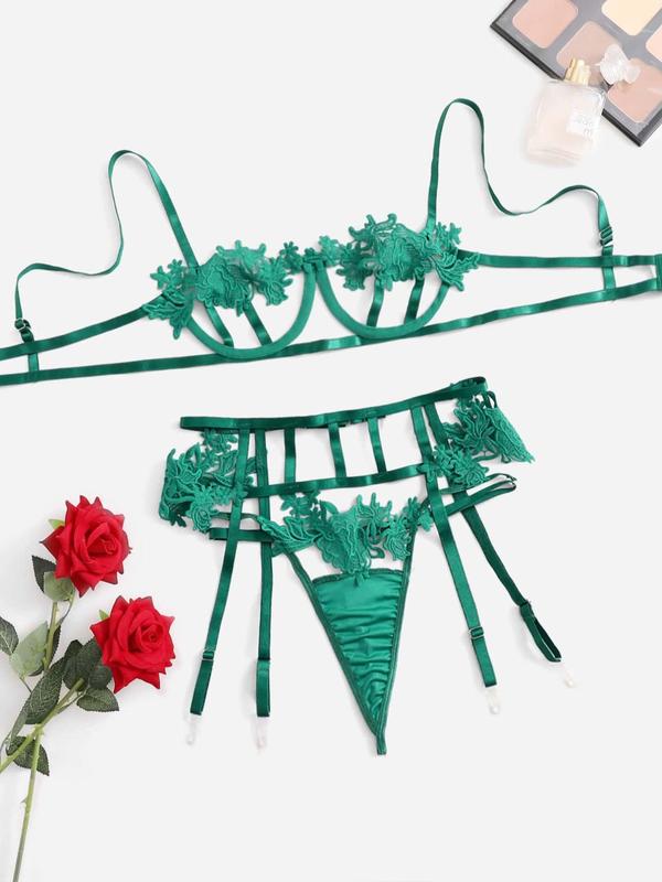 Women's Floral Embroidery Bra & Thong & Garter Belt Three-Piece Set, Sexy Comfy Breathable Lingerie Set for Daily Wear, Women's Underwear Set for All Seasons