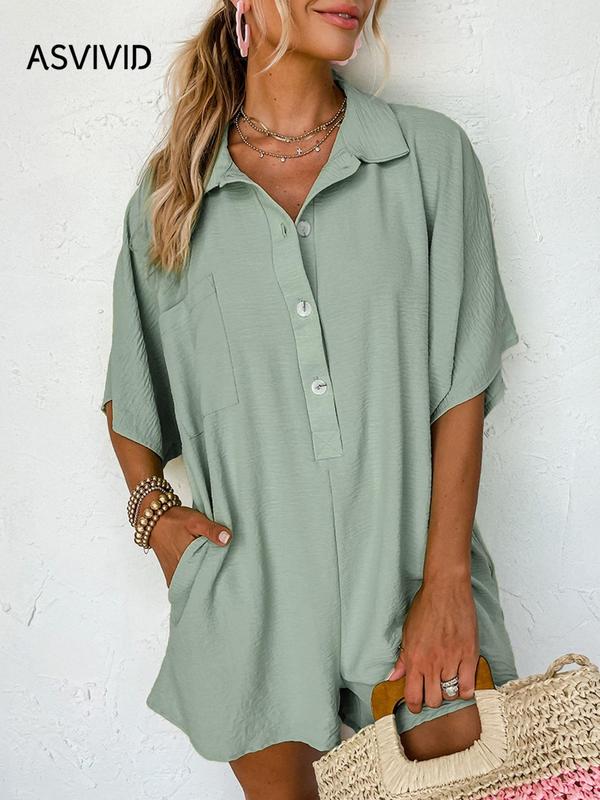 Women's Plain Pocket Button Front Shirt Romper, Casual Batwing Sleeve Collared Romper for Summer, Minimalist Basic Onesies, Fashion Women's Clothing for Daily Wear