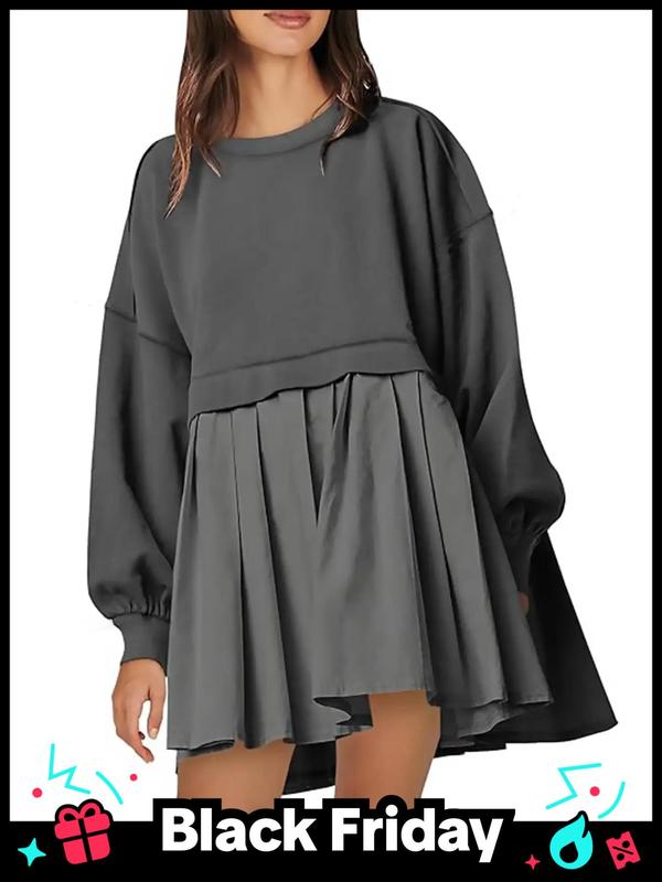  Solid Color 2 in 1 Pleated Smock Dress, Casual Drop Shoulder Long Sleeve Short Dress for Fall & Winter, Women's Casual Wear Clothes for Daily Wear