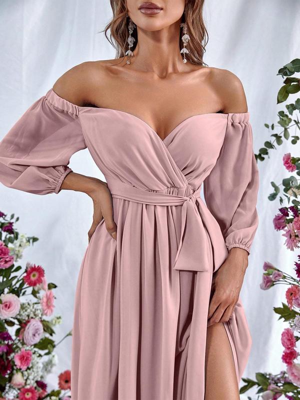 Women's Plain Ruched Belted Split Thigh Surplice Neck Chiffon Evening Dress, Elegant Formal Wear, Bishop Sleeve Off the Shoulder A Line Dress for Party & Banquet, Elegant Formal Dresses, Ladies's Clothes for All Seasons