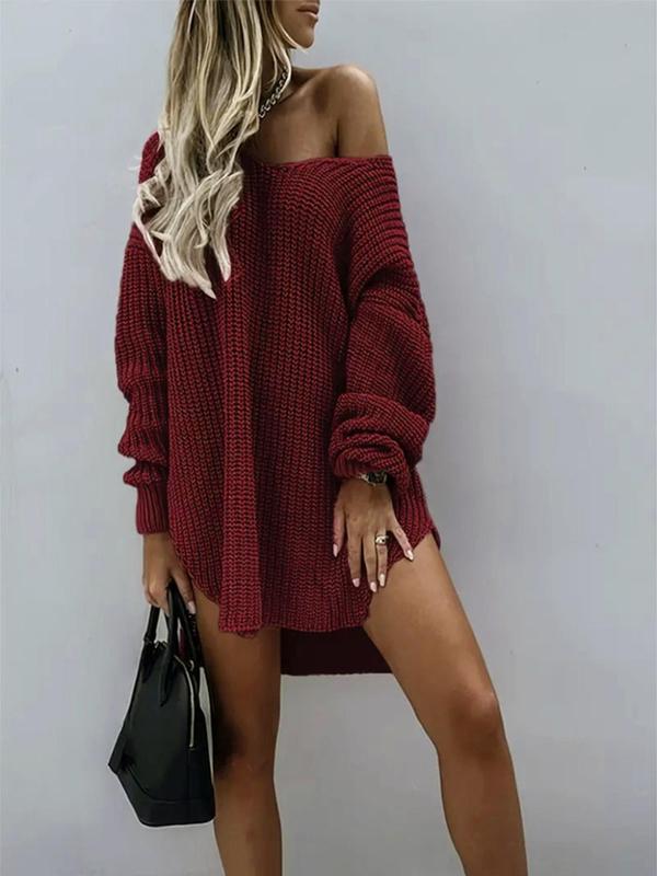 Women's Plain Batwing Sleeve V Neck Sweater Dress, Casual Long Sleeve Short Jumper Dress for Fall & Winter, Women's Knitwear for Daily Wear