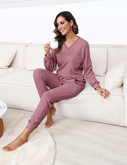 Womens Two Piece Outfits Lounge Sets Waffle Knit Long Sleeve Pullover Tops and Jogger Sweatpants Tracksuits 2024 Fall