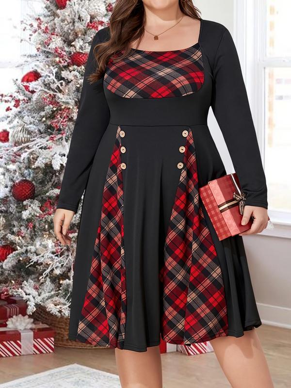  Women's Christmas Themed Patchwork Plaid Print A Line Dress, Retro Long Sleeve Square Neck Fake Buttons Decor Dress for Fall & Winter, Women's Clothes for Daily Vacation Party, Holiday Dresses