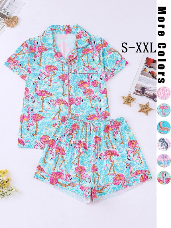 Women's Flamingo Print Lapel Neck Button Front Shirt & Elastic Waist Shorts Pyjama Two-piece Set, Casual Comfy Short Sleeve Pocket Top & Shorts PJ Set, Ladies Sleepwear for Fall