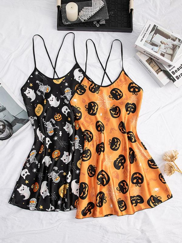 Women's Pumpkin & Skull Print Criss Cross Backless Cami Nightdress, Women's Nightwear, Heart Print Lettuce Trim Spaghetti Strap Sleeveless Halloween Nightgown, Soft Comfy Sleepwear for Women, Night Gown for Women, Dresses for Women