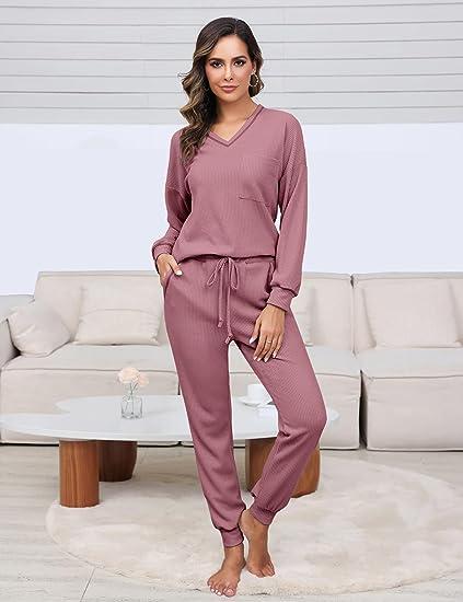 Womens Two Piece Outfits Lounge Sets Waffle Knit Long Sleeve Pullover Tops and Jogger Sweatpants Tracksuits 2024 Fall