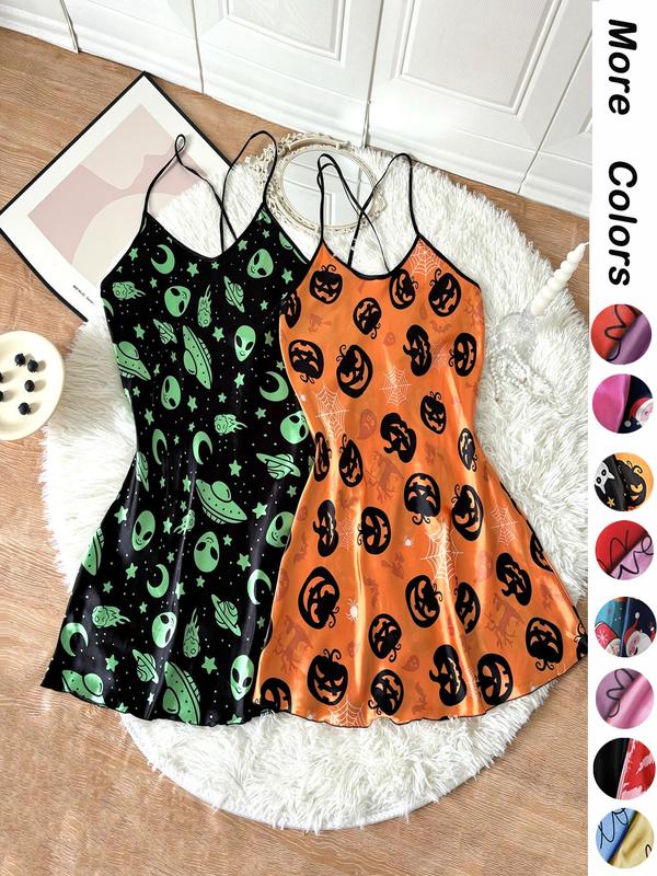 Women's Pumpkin & Skull Print Criss Cross Backless Cami Nightdress, Women's Nightwear, Heart Print Lettuce Trim Spaghetti Strap Sleeveless Halloween Nightgown, Soft Comfy Sleepwear for Women, Night Gown for Women, Dresses for Women