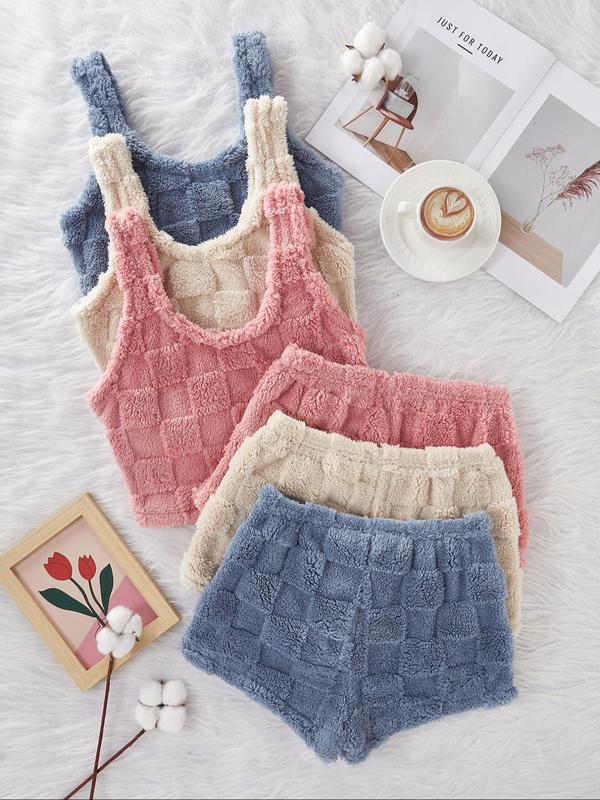 Women's Solid Plaid Color Plush Cami Top & Shorts Pyjama Set, Casual Comfy Sleeveless Top & Shorts Pj Set for Daily Home Wear, Women's Sleepwear for Winter, Fluffy Pajamas