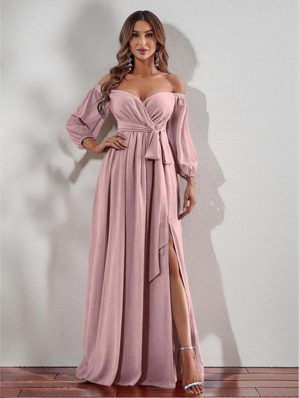 Women's Plain Ruched Belted Split Thigh Surplice Neck Chiffon Evening Dress, Elegant Formal Wear, Bishop Sleeve Off the Shoulder A Line Dress for Party & Banquet, Elegant Formal Dresses, Ladies's Clothes for All Seasons