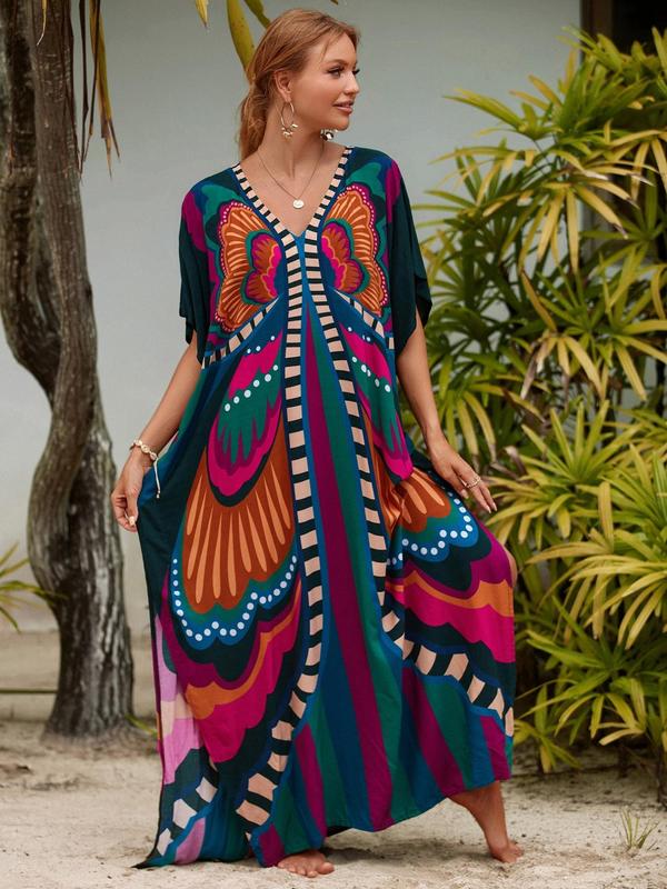 All Over Print Batwing Sleeve V Neck Maxi Dress,  Moo Moo Dress Summer Designer Clothes, Womenswear Boho Comfort Womenswear Half Sleeve Kaftan for Lady, Holiday Dresses, Clothing for Casual Wear Back To School Moo Moo Dresses