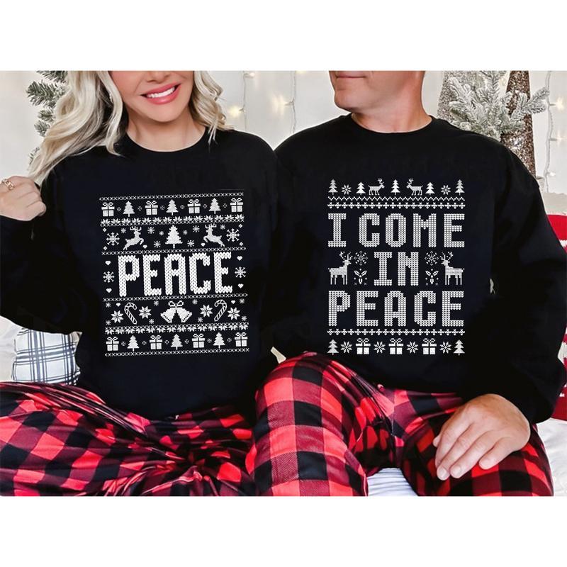 Couples Ugly Christmas Sweatshirt , I Come In Peace Couples Funny Matching Ugly Christmas Sweater, Ugly Christmas Party Sweatshirts, Xmas Humor