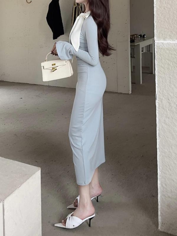 Women's Plain Bow Decor Flounce Sleeve Bodycon Dress, Elegant Tie Neck Long Sleeve Dress for Party Holiday Wedding Guest, Ladies Clothes for Spring & Fall