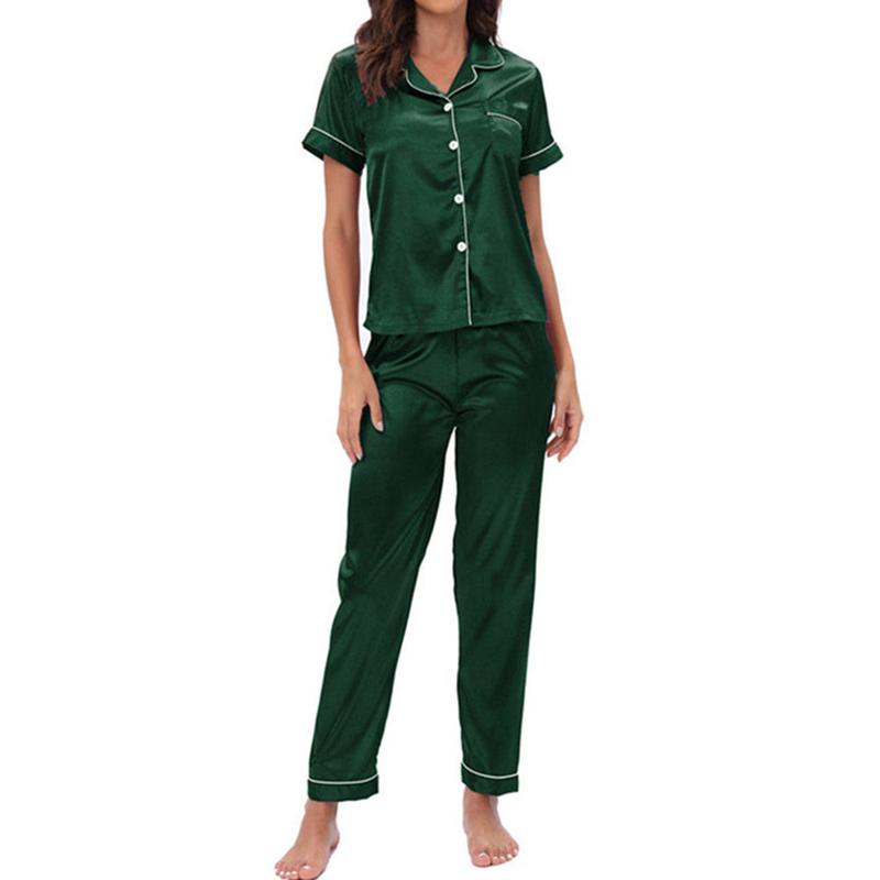 Womens Silk Satin Pajama Sets Button Down Sleepwear Short Sleeve Top and Pants Soft Pjs Lounge Set