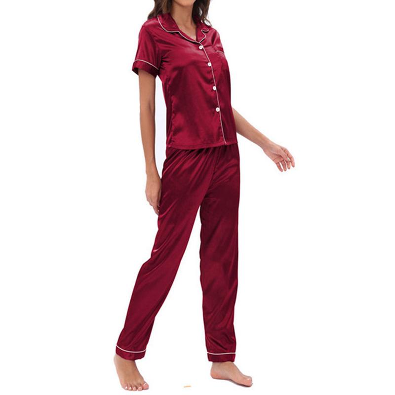 Womens Silk Satin Pajama Sets Button Down Sleepwear Short Sleeve Top and Pants Soft Pjs Lounge Set