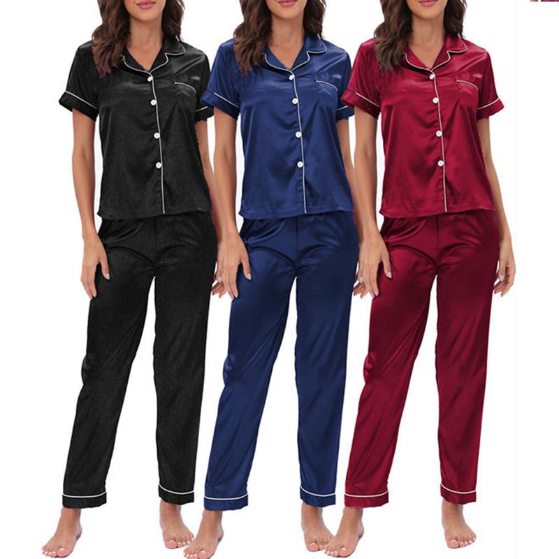 Womens Silk Satin Pajama Sets Button Down Sleepwear Short Sleeve Top and Pants Soft Pjs Lounge Set