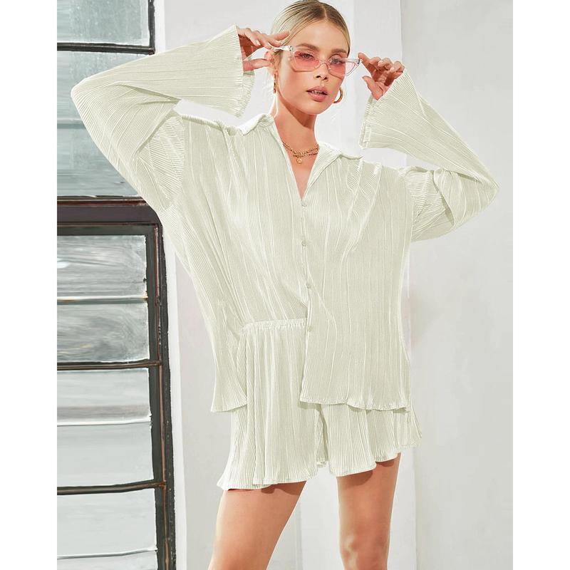 Women 2 Piece Outfits For Women - Lounge Sets Pajama Sets Long Sleeve Button Down Shirts And Shorts Fall Loungewear Nightwear Womenswear Underwear