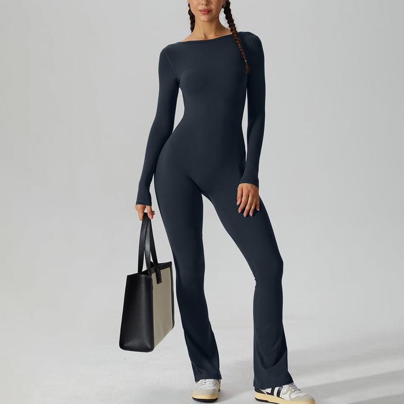 Women´s Flare Leg Rompers Long Sleeve Open Back Solid Color Jumpsuit Pants Playsuit Streetwear