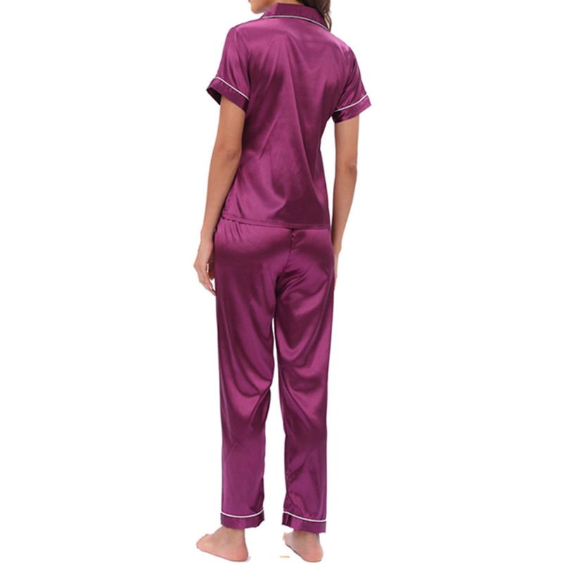 Womens Silk Satin Pajama Sets Button Down Sleepwear Short Sleeve Top and Pants Soft Pjs Lounge Set